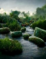 Gruppe von Felsen Sitzung auf oben von ein Fluss. generativ ai. foto