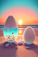 Paar von Eier Sitzung auf oben von ein sandig Strand. generativ ai. foto