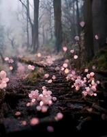 Wald gefüllt mit viele von Rosa Blumen. generativ ai. foto