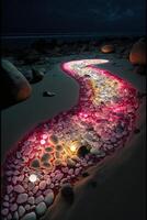 Weg gemacht von Steine auf ein Strand beim Nacht. generativ ai. foto