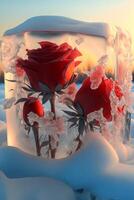 rot Rose Sitzung Innerhalb von ein Eis Block. generativ ai. foto