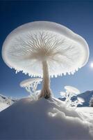 groß Weiß Pilz Sitzung auf oben von ein Schnee bedeckt hügel. generativ ai. foto