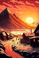 Gemälde von ein schneebedeckt Dorf mit ein Berg im das Hintergrund. generativ ai. foto