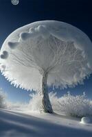 Schnee bedeckt Baum im das Mitte von ein schneebedeckt Feld. generativ ai. foto