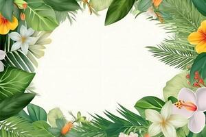 Sommer- Rahmen oder Rand mit tropisch Palme Blätter und Blumen auf Weiß Hintergrund generativ ai foto