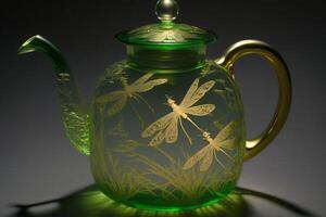 Dort ist ein Glas Teekanne mit Libellen auf Es. generativ ai. foto