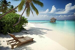 hölzern Stuhl Sitzung auf oben von ein sandig Strand. generativ ai. foto