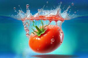 Dort ist ein Tomate planschen in das Wasser mit Blasen. generativ ai. foto