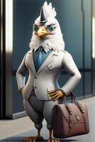kahl Adler im ein passen und Krawatte halten ein Aktentasche. generativ ai. foto