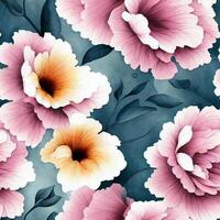 Gemälde von Rosa Blumen auf ein Blau Hintergrund. generativ ai. foto