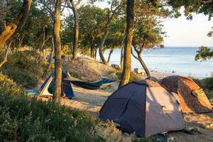 Zelte und Hängematten das Baum Schatten beim das Strand von schwarz Meer, mit Kieselstein Strand und etwas Camper foto