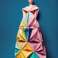 Frau im ein Kleid gemacht von Origami Papier. generativ ai. foto