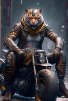 Tiger Reiten auf das zurück von ein Motorrad. generativ ai. foto