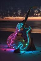 Gitarre Sitzung auf oben von ein sandig Strand. generativ ai. foto