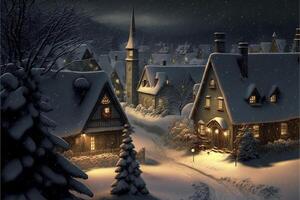 klein Stadt, Dorf im das Mitte von ein schneebedeckt Nacht. generativ ai. foto