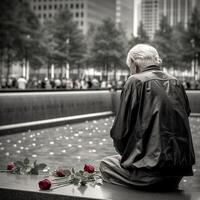911 patriotisch Tag. September 11 Denkmal, Boden null. wir werden noch nie vergessen. ai generiert. foto