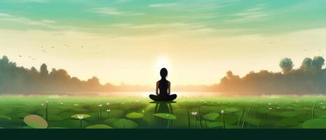 International Tag von Yoga im Lotus Pose. Ideal Design zum Poster, Banner. 21 Juni. ai generiert. foto