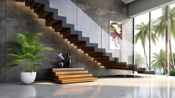 Innere von modern Treppe Design, elegant l gestalten Holz Ausleger Stufen, Granit Base. ai generiert. foto