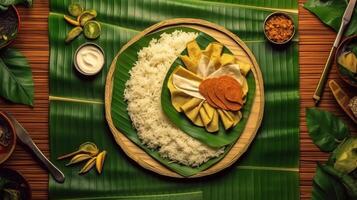 Kerala Festival glücklich Onam Hintergrund mit traditionell Essen serviert auf Banane Blatt. ai generiert. foto