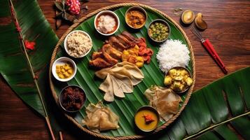 Kerala Festival glücklich Onam Hintergrund mit traditionell Essen serviert auf Banane Blatt. ai generiert. foto