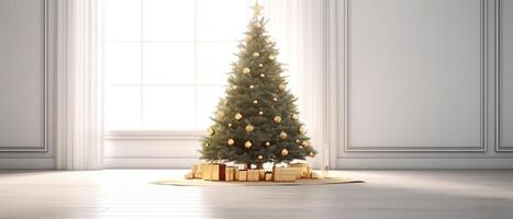 Weihnachten und Neu Jahr Hintergrund. Stapel Geschenk Box realistisch 3d Weihnachten Baum. ai generiert. foto