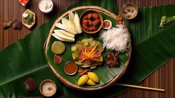 Kerala Festival glücklich Onam Hintergrund mit traditionell Essen serviert auf Banane Blatt. ai generiert. foto