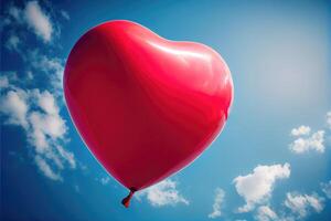 rot Ballon im Herz gestalten fliegend auf das Luft mit Blau Himmel Hintergrund. Valentinsgrüße Tag Konzept. generativ ai foto