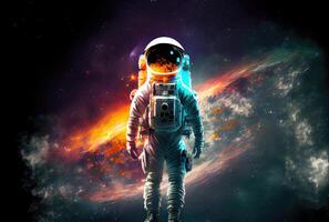Porträt von Astronaut mit bunt Galaxis im das Raum. Wissenschaft und Technologie Konzept. Blau Erde Thema. generativ ai foto