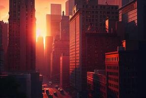schön Stadtbild Aussicht mit Sonnenlicht im das Sonnenuntergang Hintergrund. Innenstadt und Tourismus Konzept. generativ ai foto