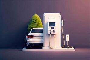 ev Auto mit elektrisch Laden Bahnhof Ladegerät auf bauen im Mauer beim Haus. Technologie und Transport Konzept. generativ ai foto