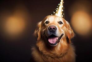 Nahansicht von Porträt glücklich golden Retriever Hund tragen Party Hut zum Feier mit Bokeh Hintergrund. Tier und Haustier Konzept. generativ ai foto