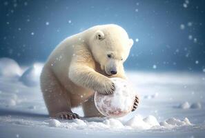 Weiß Polar- Bär Jungtier spielen Schneeball im das Norden Pole. Tier und saisonal Konzept. generativ ai foto