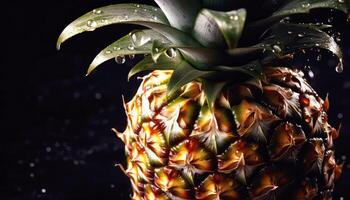 schließen oben von sauber Ananas mit Wasser fallen im dunkel schwarz Hintergrund. frisch Obst und Gemüse Konzept. Ernährung und Vitamin Thema. generativ ai foto