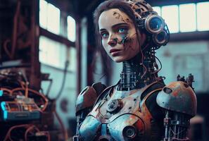 ein Humanoid Roboter mit rostig sitzt Nachdenken im alt verlassen Fabrik. Technologie und künstlich Intelligenz Konzept. generativ ai foto