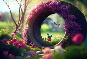 Frühling Landschaft mit das Vogel Hintergrund. Schönheit im Natur und Frühling Konzept. Digital Kunst Illustration. generativ ai foto