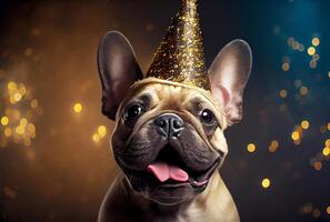 Porträt von süß glücklich Französisch Bulldogge im das Feier Party mit Bokeh Licht und Konfetti im das dunkel Hintergrund. generativ ai foto