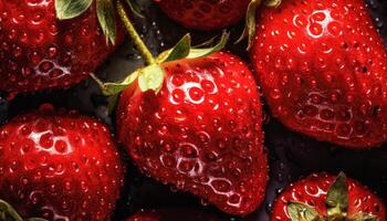 schließen oben von sauber rot Erdbeeren mit Wasser fallen im dunkel schwarz Hintergrund. frisch Obst und Gemüse Konzept. Ernährung und Vitamin Thema. generativ ai foto