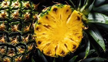 schließen oben von sauber Ananas mit Wasser fallen im dunkel schwarz Hintergrund. frisch Obst und Gemüse Konzept. Ernährung und Vitamin Thema. generativ ai foto