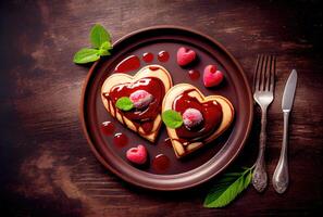 Erdbeere Pfannkuchen im Herz gestalten auf das Gericht im Essen Tabelle Hintergrund. Essen und Dessert Konzept. Digital Kunst Illustration. generativ ai foto