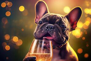 glücklich Französisch Bulldogge Hund mit getoastet Wein Glas im Party und golden Bokeh Licht Hintergrund. Tier und Haustier Konzept. Digital Kunst Illustration. generativ ai foto
