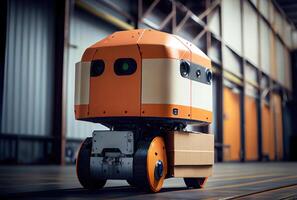 Roboter agv Transportieren Karton Box im Warenhaus Hintergrund. Technologie Innovation und Lieferung Konzept. generativ ai foto