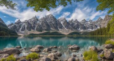 unglaublich schön Landschaft mit ein See und Berge. ai generiert foto