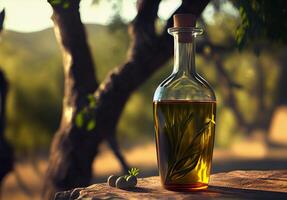 Olive Öl im ein Glas Flasche. ai generiert foto
