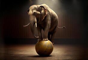 Zirkus Elefant steht auf ein Ball. Zirkus Trick. ai generiert foto