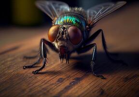 Haus fliegen sitzt auf ein hölzern Tisch. ai generiert foto