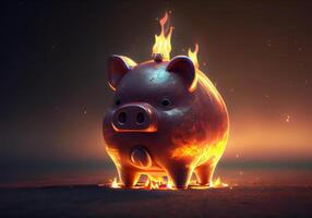 Rosa Schwein Schweinchen Bank ist zündete. finanziell Krise. Geld Inflation. ai generiert foto