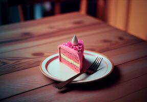 Rosa Stück von Kuchen im ein Teller auf das Tisch. ai generiert foto