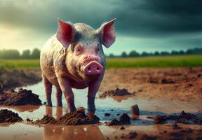 ein jung Schwein steht im das Schlamm mit ein Pfütze. ai generiert foto