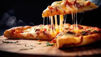 Scheibe von heiß groß käsig Pizza Kruste Belag mit Würstchen Fleisch Soße Schinken Glocke Pfeffer Gemüse und Schinken auf hölzern Tafel mit Rauch schmelzen Käse. köstlich lecker Italienisch Essen Konzept. generativ ai foto