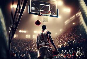 Basketball Spieler sind Über zu Dunk zu Ergebnis auf das Basketball Gericht. Sport und Athlet Konzept. generativ ai foto